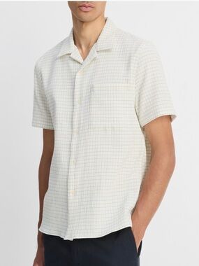 Vince Men’s NWT Cream Blue Plaid Check Camp Collar Shirt Short Sleeve Medium
